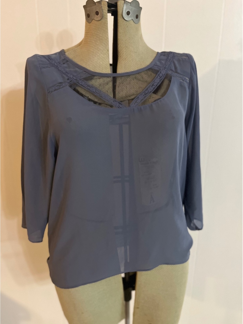 Women's Gray Sheer Blouse with Lace Trim and 3/4 Sleeves, Size Small